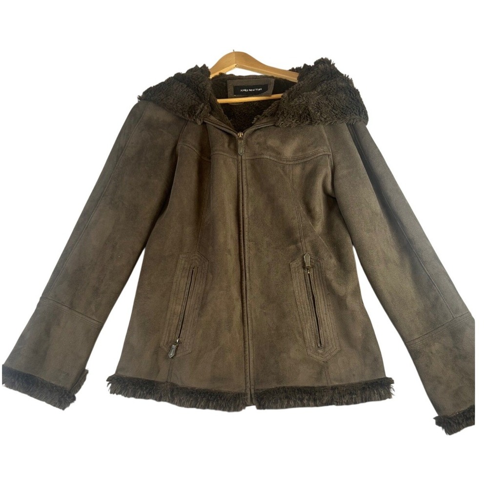 Jones New York Womens Faux Suede Fur Lined Hooded Jacket Coat Size M - Picture 2 of 9